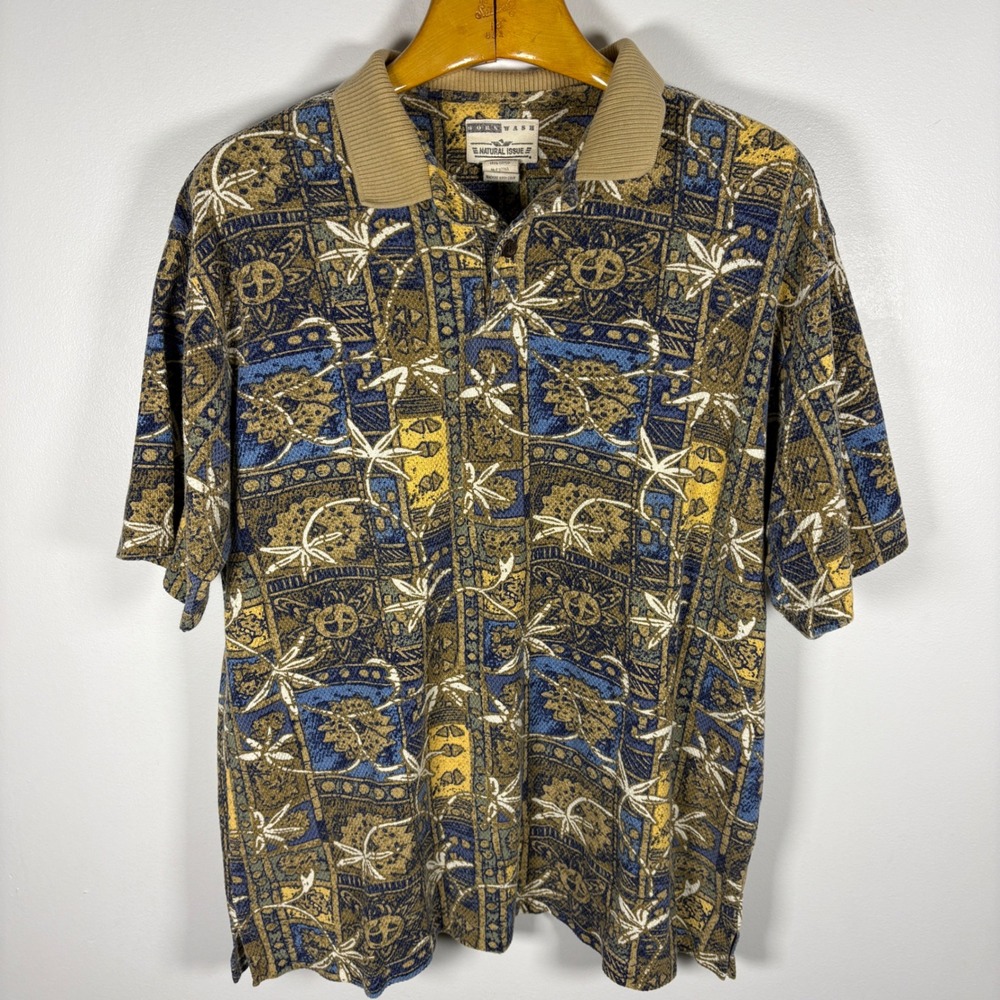 Vintage Natural Issue Mens L Aloha Hawaiian Print Polo Shirt Cotton‎ Wash